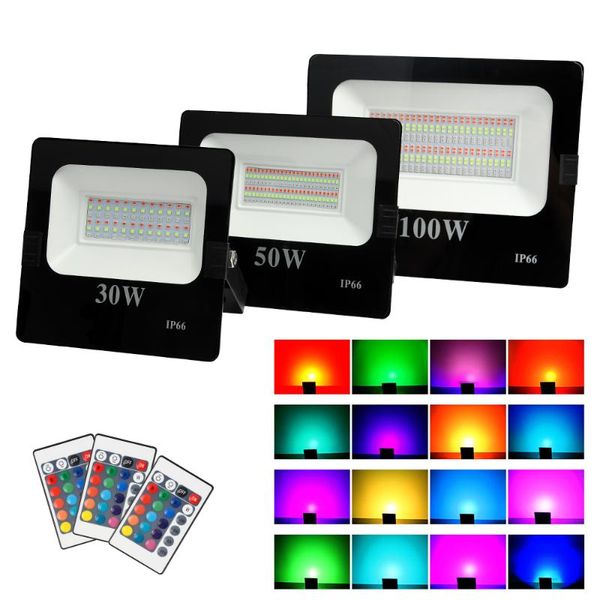 

led spotlight outdoor lighting rgb flood light 30w 50w 100w reflector projector lamp ac220v with remote controller for building floodlights