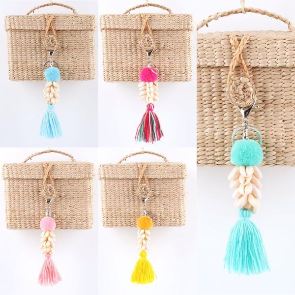

keychains bohemia hand-knitted wool ball tassel shell jewelry creative keychain bag pendant decoration car key ring accessories gift, Silver