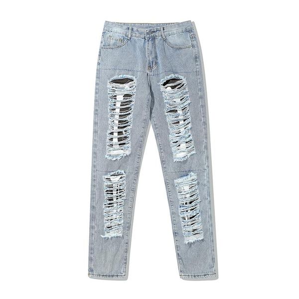 

men's jeans streetwear ripped hole washed straight casual denim trousers mens and womens harajuku oversize vibe style loose y2k pants, Blue