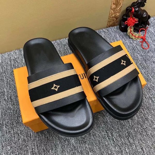 

casual men's slippers 2021 summer fashion designer leather woven flower toe flat heel comfortable beach flip flop size 38-45, Black