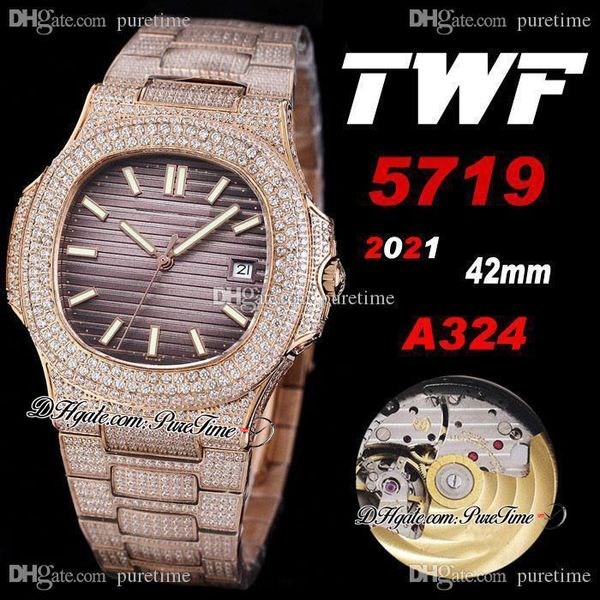 

2021 twf 5719 cal a324 automatic mens watch 18k rose gold paved diamonds light brown texture dial iced out diamond bracelet super edition je, Slivery;brown