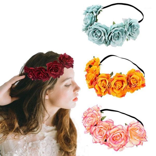

bohemia woman rose flower wedding headband fashion hair accessories beach garland elastic girls floral crown wreath band1