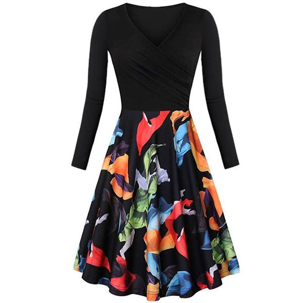 

casual dresses fashion autumn floral print women's a-line long sleeve v-neck elegant dress for women vestidos mujer verano 2021 vestido, Black;gray