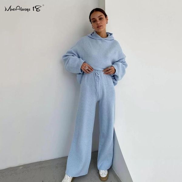 

mnealways18 cotton knitted suits jogger two piece sets tracksuit women long sleeve winter hoodies loose lace up high waist pants women', Gray