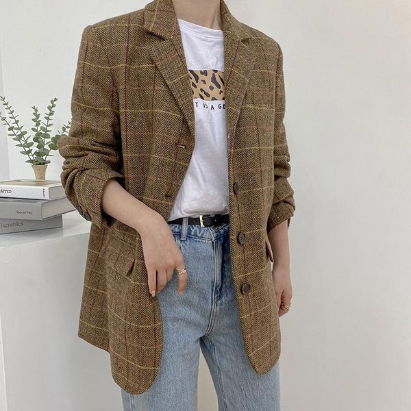 

women's wool & blends coat 2021 autumn korean loose plaid herringbone small suit single side tweed, Black