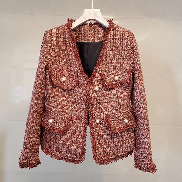 

little fragrance jacket female 2021 spring short french tweed ladies red autumn and winter knitted women's jackets, Black;brown