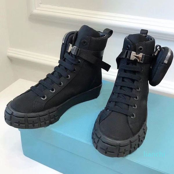 

designer shoes wheel re-nylon high men women flat sneakers platform shoe fahion white black cloth lace-up runner trainers with pouch