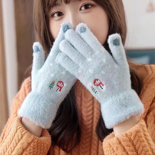 

sports gloves winter warm soft fuzzy women girls full fingers touch screen lovely snowman embroidery mittens crochet glove gift, Black