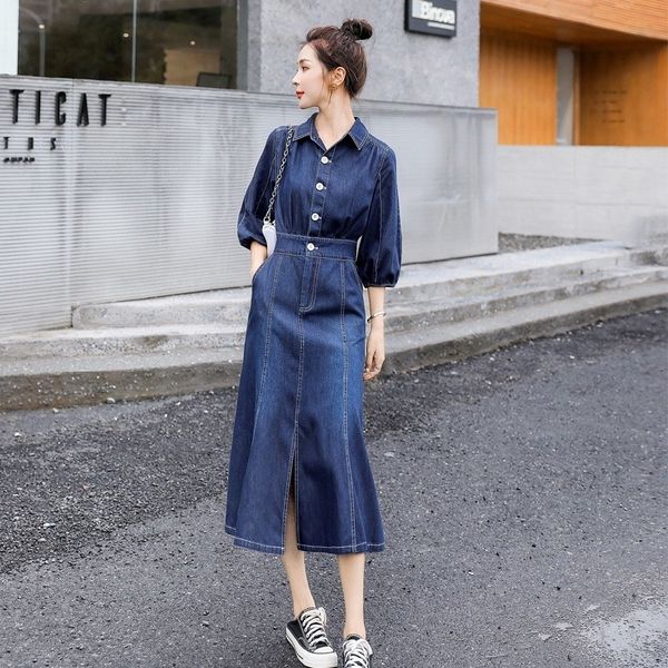

casual dresses 2021 mid-calf long mermaid denim dress casual fashion fine fit three-quarters-fall office ladies dressed streetwear aqkz, Black;gray