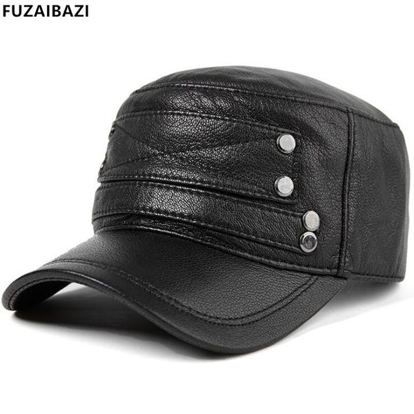 

wide brim hats fuzaibazi men's genuine leather hat autumn winter warm military sheepskin male flat cap adjustable size brand, Blue;gray