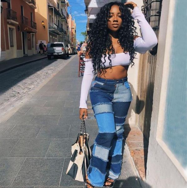 

women patchwork jeans trousers high waist bell-bottomed pants fashion slim fit ripped vintage ladies denim flared s-3xl women's & capri, Black;white