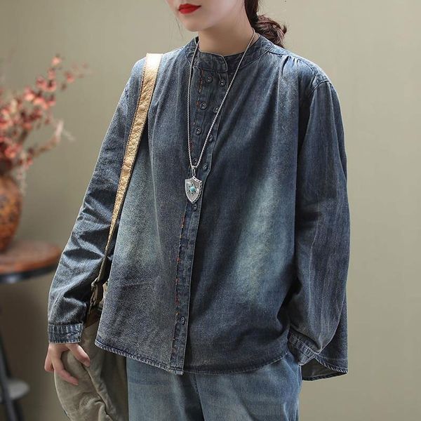 

jackets spring arts style women long sleeve loose stand collar coat cotton denim vintage jackets femme casual coats m305 1y0y, Black;brown