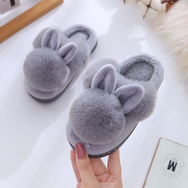 

slipper kids winter slippers infant baby fur ball soft children' plush indoor home bowtie shoes for toddler girls, Black;grey