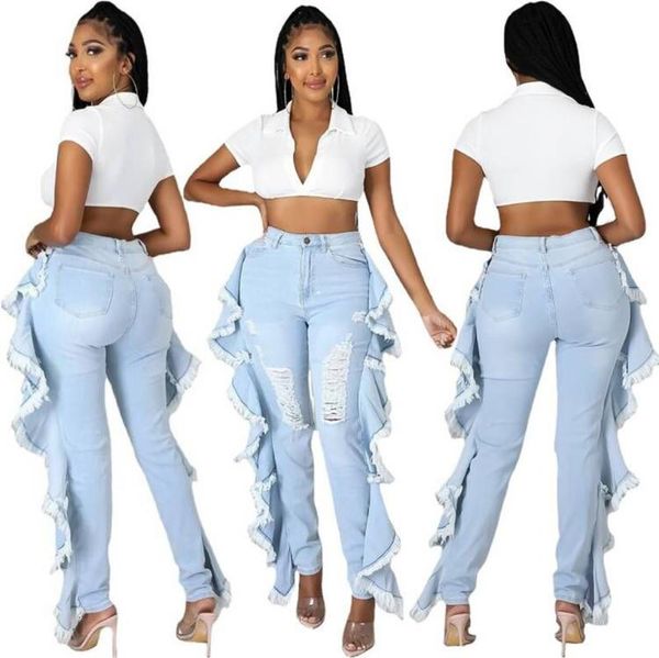 

women's jeans ruffles casual trousers women elegant bodycon ripped denim pencil pants, Blue