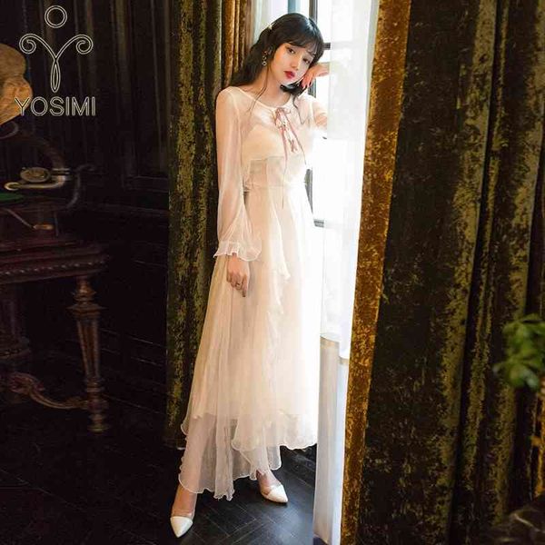 

yosimi two piece outfits set women dress elegant summer full sleeve o-neck ruffles ankle-length white and mantlet 210604