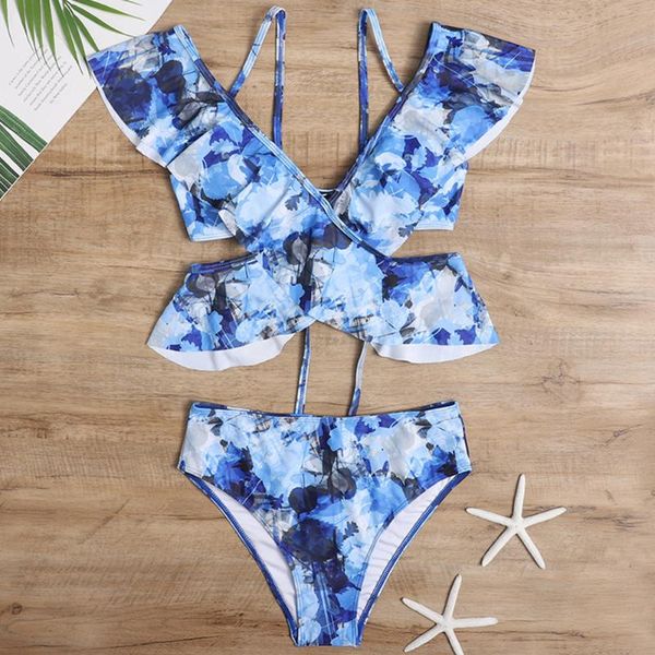 

women's swimwear women 2021 blue print bikini ruffle swimsuit monokin bathing set push up cross biquini swim, White;black