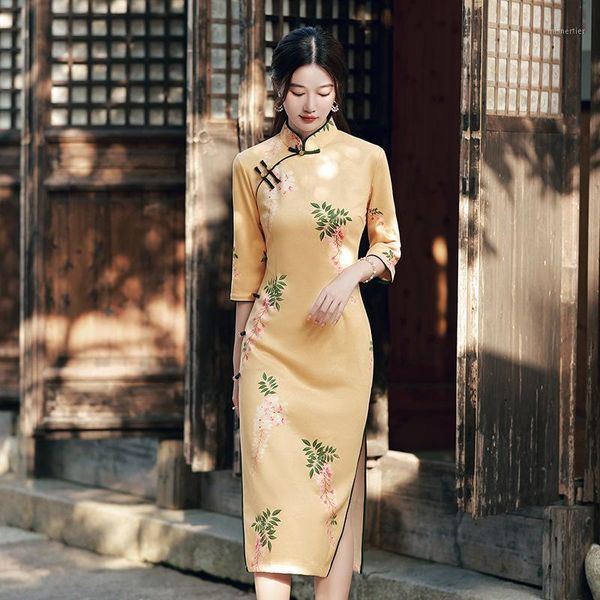 

Ethnic Clothing Autumn Winter Suede Floral Printed Qipao Sexy Slim Mandarin Collar Chinese Dress Traditional Oriental Cheongsams Vintage But, Red