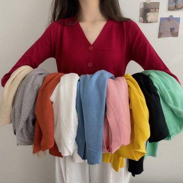 

women's knits & tees spring and autumn 2021 knitted cardigan korean loose wild v-neck long sleeve short sweater women, White