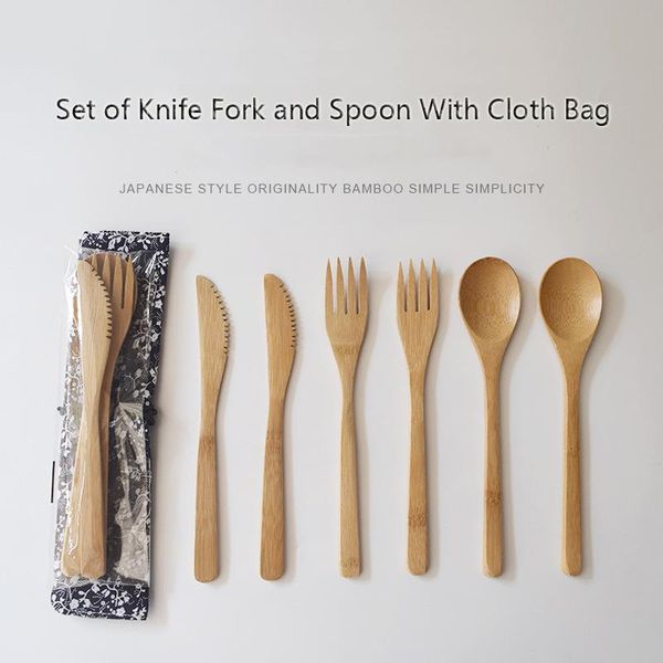 

3pcs/set wooden dinnerware set bamboo fork knife soup teaspoon catering cutlery with cloth bag kitchen cooking tools utensil sets