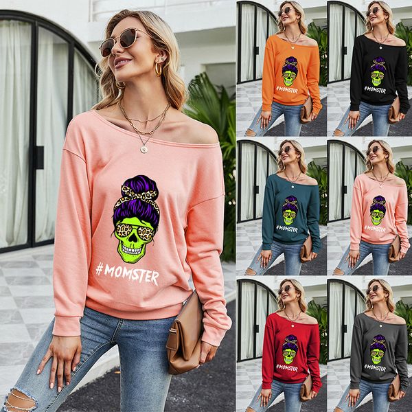 

2021 halloween autumn women's loose diagonal shoulder casual long sleeve skull printed sweater, Black