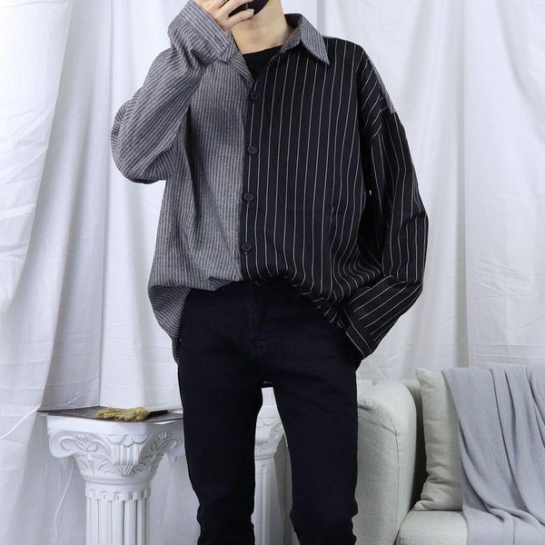 

men's casual shirts 2021 spring autumn striped shirt two-color stitching oversize korean vertical long-sleeved gothic, White;black
