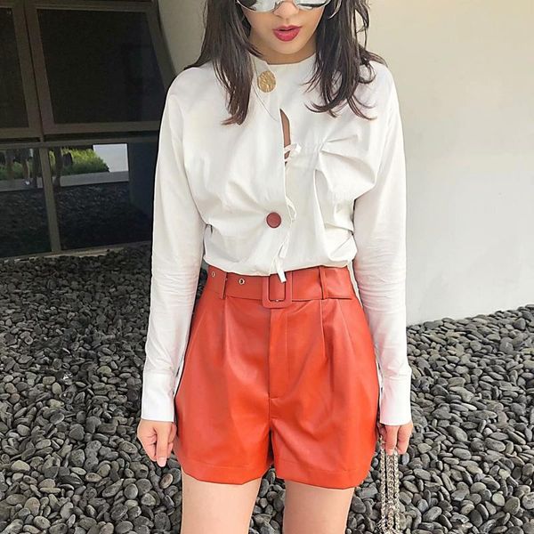 

women's shorts women black orange color pu leather high waist with belt wide leg faux quality winter loose, White;black