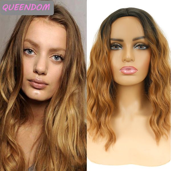 

short body wave wig omber brown natural wave bob synthetic wigs for women shoulder length middle part cosplay wig heat resistant, Black