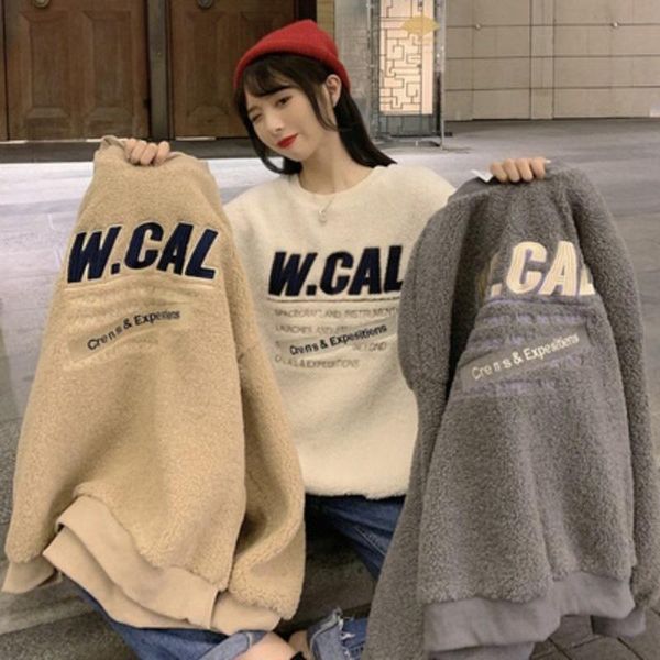 

women's hoodies & sweatshirts zogaa pullovers women autumn winter korean letter embroidered lamb wool round neck long-sleeved youth swe, Black