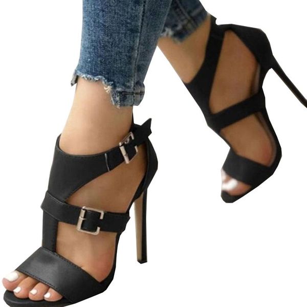 

summer fashion plus size women gladiator sandal ladies square round head ankle buckle strap stiletto heels sandals, Black
