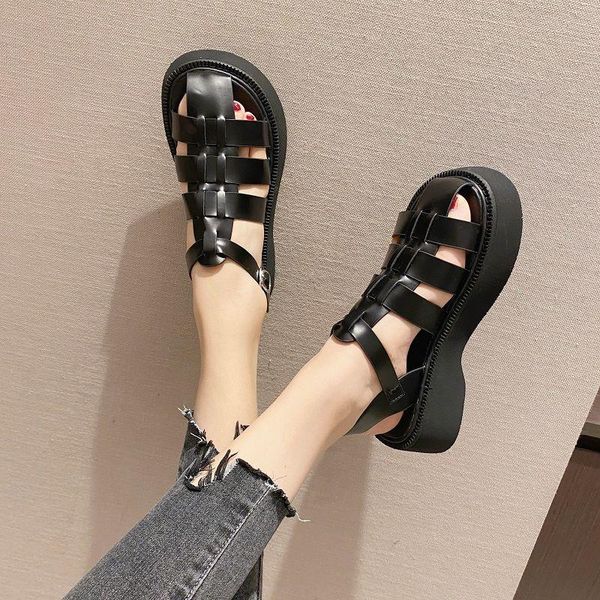 

sandals korean weave gladiator women cross band flat summer shoes woman buckle strap sandales cut out knitted sandalias 2021, Black