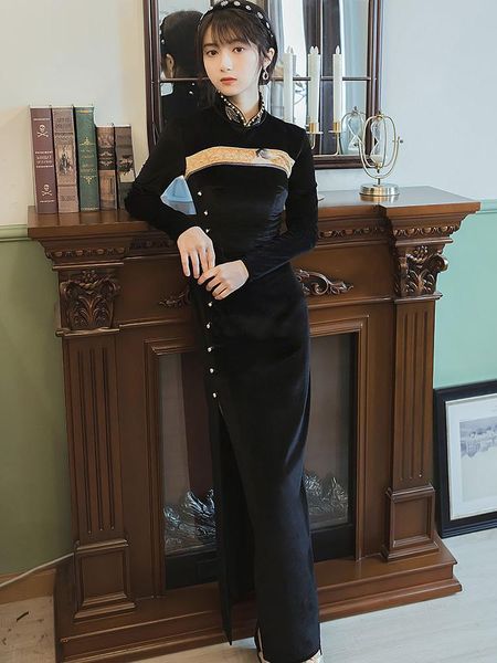 

ethnic clothing retro chinese style black velvet cheongsam improved dress autumn medium length split 8952, Red
