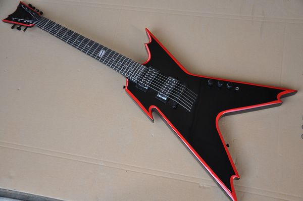 Chitarra elettrica a forma speciale con corpo nero personalizzato in fabbrica con tastiera in palissandro, rilegatura rossa, fornire un servizio personalizzato