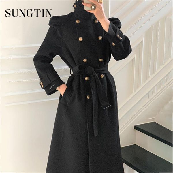 

women's wool & blends sungtin korea casual loose turtleneck woolen coat with belt women thick warm sashes long jacket female elegant hi, Black