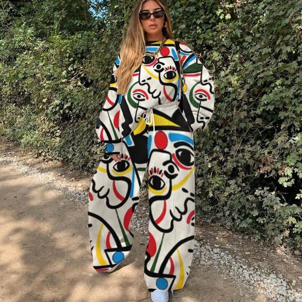 

women's two piece pants 2021 design 2 pcs women set spring autumn print o-neck casual, White