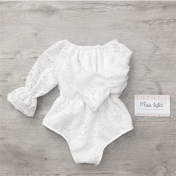 

girl horn sleeve rompers pure color crew neck lace hollowing out crochet flower jumpsuits one piece baby clothing 26mxa j2, Blue