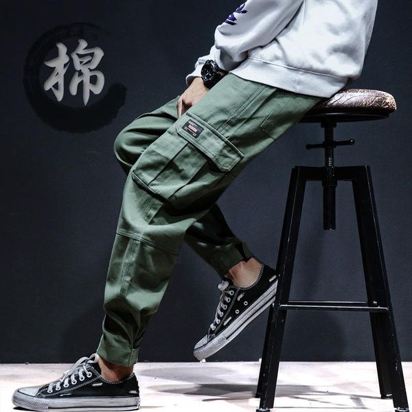 

overalls pants men 2021 casual trousers loose wild 's pantscargo multi-pockets cargo pockets mid full length men's, Black