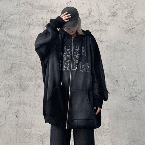 

women's hoodies & sweatshirts cotton thin gothic sweatshirt black zip up hoodie girl autumn couple clothes men women japan korean hip h