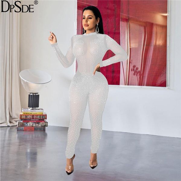 

women's jumpsuits & rompers dpsde black white beading women full sleeve long lace jumpsuit autumn 2021 casual bodycon