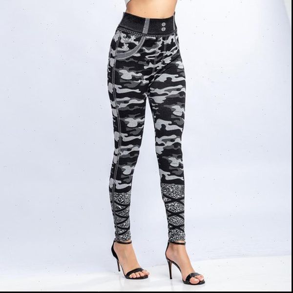 

camouflage print with mock pocket women legging faux denim jeans slim fitness elastic seamless, Black