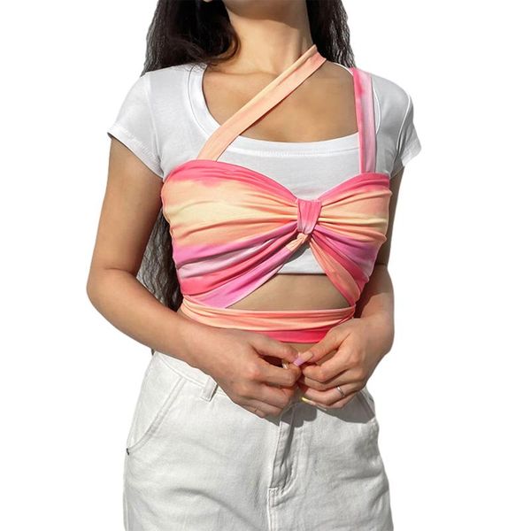 

women's tanks & camis arrival one shoulder tank , sleeveless cutout striped tie dye print crop, White