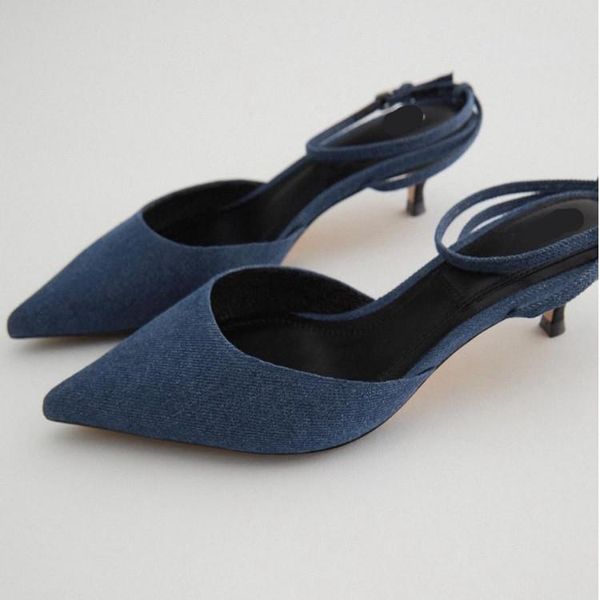 

sandals closed toe comfort shoes for women high heels buckle suit female beige blue 2021 summer denim high-heeled pointed strap, Black