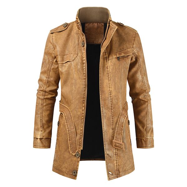 

mens coat designer winter new plush warm locomotive leather suit with stand collar and medium length leather mens suit, Black