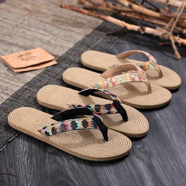 

slippers beach imitation straw student flip flops female summer fashion wear flat non-slip sandals and 2021, Black