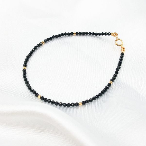

natural black spinel 2mm faceted beads&925 sterling silver bracelet, Golden;silver