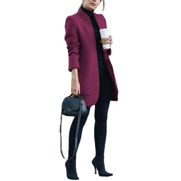 

women's wool & blends women's elegant long solid color sleeve chic coat autumn and winter, Black
