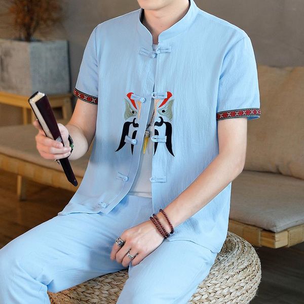 

men's tracksuits chinese style tang suit embroidery men shirt + pants set wushu tai chi uniform cotton linen t-shirt trousers, Gray