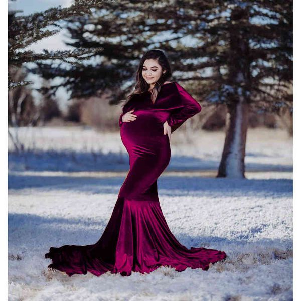 Samt Umstandskleid für Fotoshooting Babypartykleid Langarm Tailing Schwangere Frauen Kleidung Maxikleid Herbst und Winter AA220309