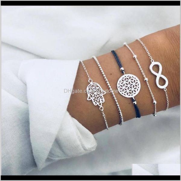 Bracciali Gioielli Drop Delivery 2021 Set di braccialetti 5 pezzi / set Fili di perline Hollow-Out Hand Round Disc 8 Charm Sier Catena di metallo placcato a colori Stri