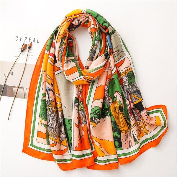 

scarves 2021 korean version silk lady 180x90cm scarf winter cotton and linen beach towel seaside carriage print shawls, Blue;gray