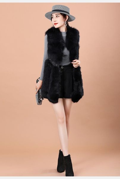 

women's fur & faux arlenesain v-neck vest with concealed fastening and leather belt, Black
